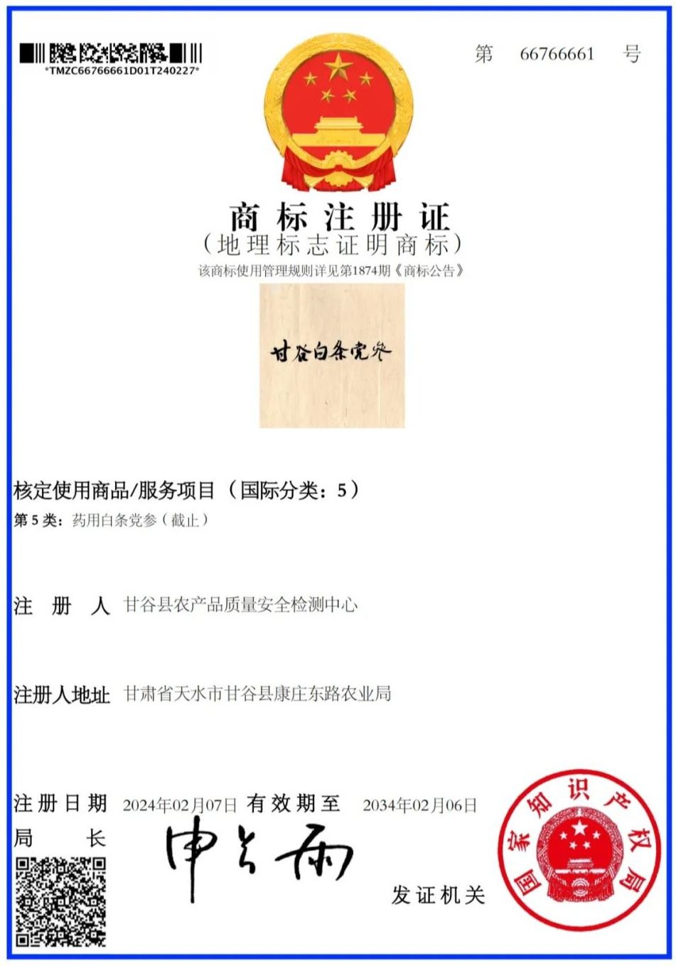 “甘谷白条党参”成功注册国家地理标志证明商标