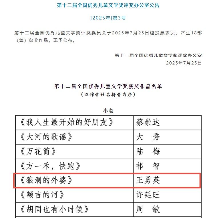 文学桂军又一突破！王勇英《狼洞的外婆》获得全国优秀儿童文学奖