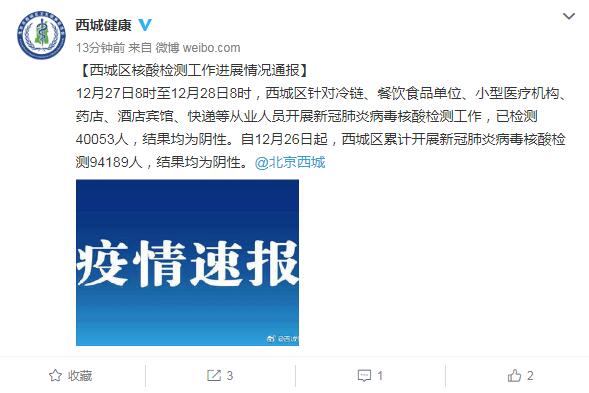 北京西城区：累计开展核酸检测94189人 结果均为阴性