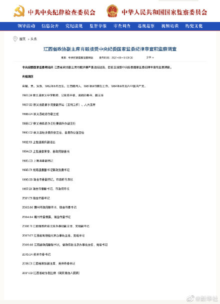 江西省政协副主席肖毅接受中央纪委国家监委纪律审查和监察调查