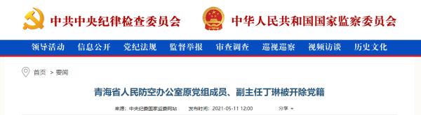 青海省人民防空办公室原党组成员、副主任丁琳被开除党籍