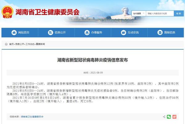 湖南8月8日新增新冠肺炎确诊病例12例