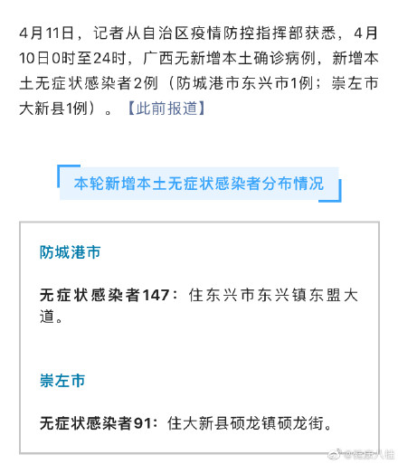 4月10日广西新增本土无症状感染者2例，分布情况公布