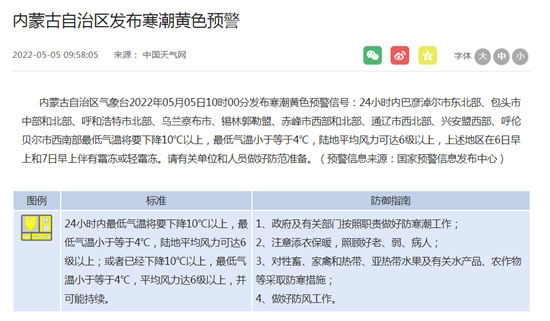 内蒙古寒潮和大风双预警齐发 呼和浩特等地气温将猛降超10℃