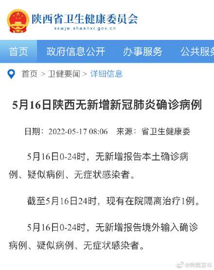5月16日陕西无新增新冠肺炎确诊病例