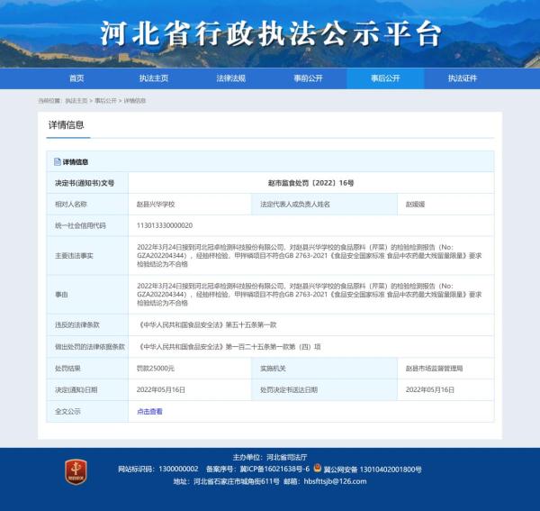 河北赵县兴华学校因食品检验不合格被罚款2.5万元