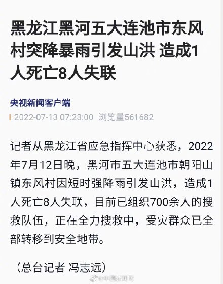 黑龙江东风村暴雨致1人死亡8人失联