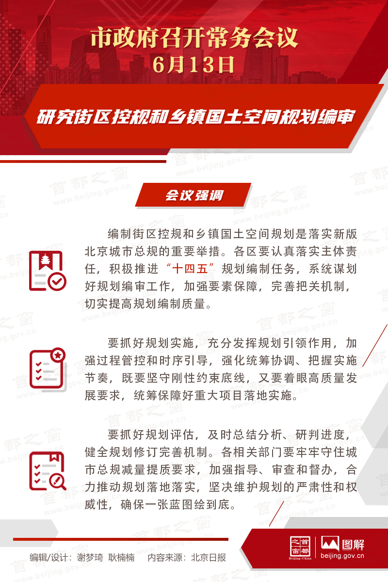 北京市政府常务会议图解：研究街区控规和乡镇国土空间规划编审