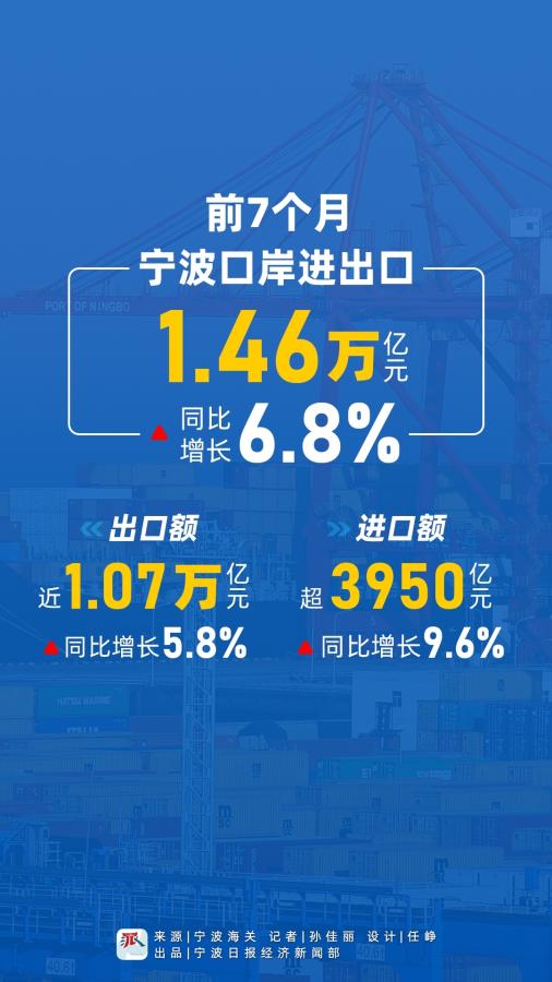 宁波口岸今年前7个月进出口额1.46万亿元 同比增长6.8%