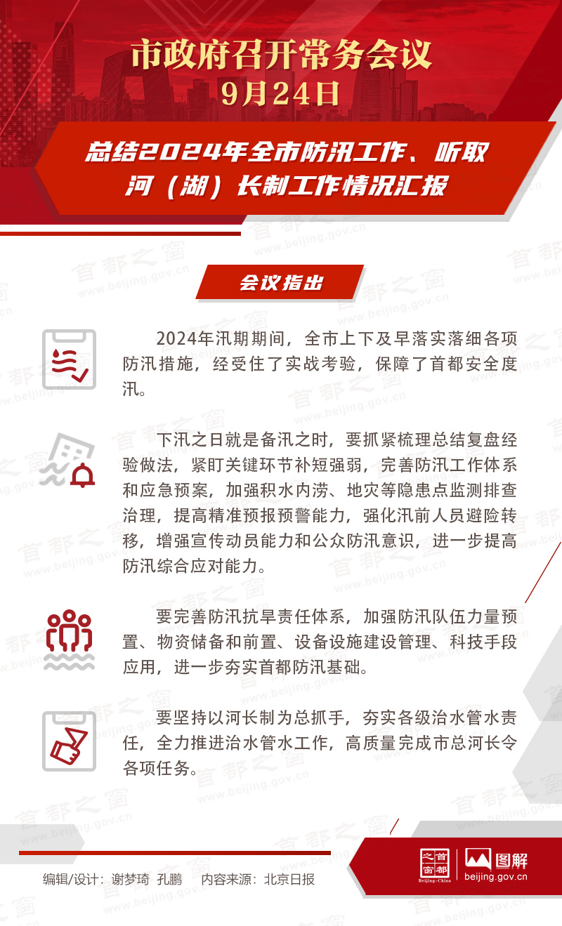 北京市政府常务会议图解：总结2024年全市防汛工作、听取河（湖）长制工作情况汇报