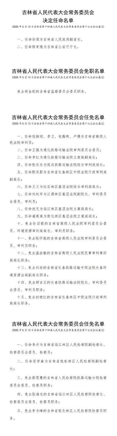 吉林省人大常委会通过的任免名单
