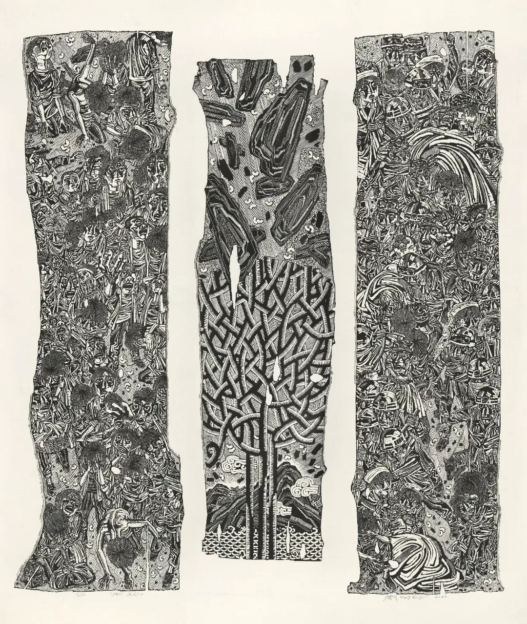 十四艺节 | 重庆61件作品入选全国三大展览 康宁《汶川!汶川!》200x180cm 黑白木刻版画 2022年.jpg