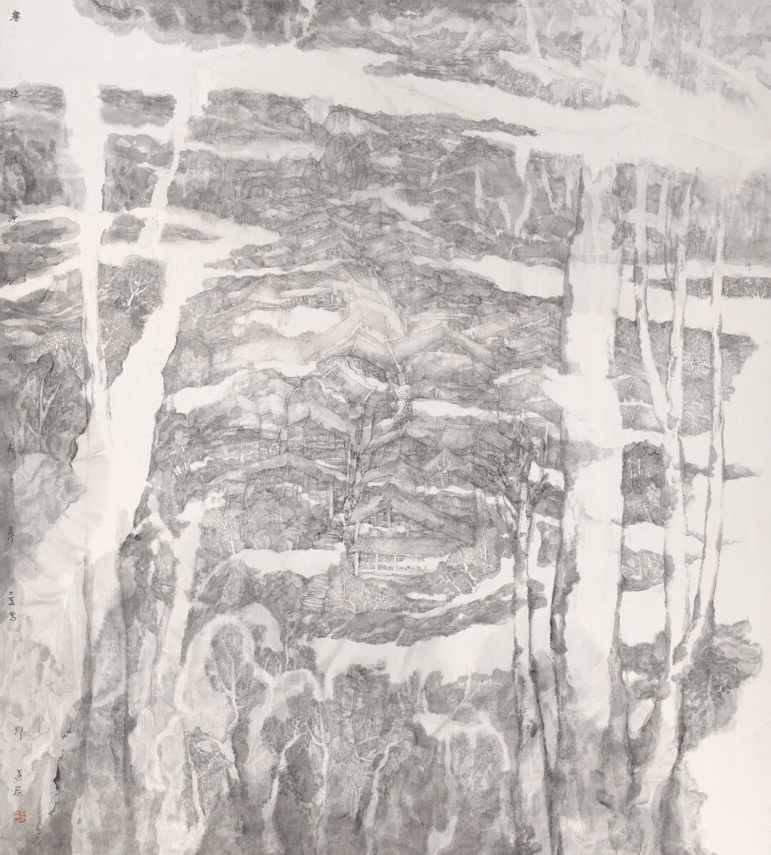 十四艺节 | 重庆61件作品入选全国三大展览 邓建强《雾隐塘河古韵长》223×198cm 中国画 2025年.jpg