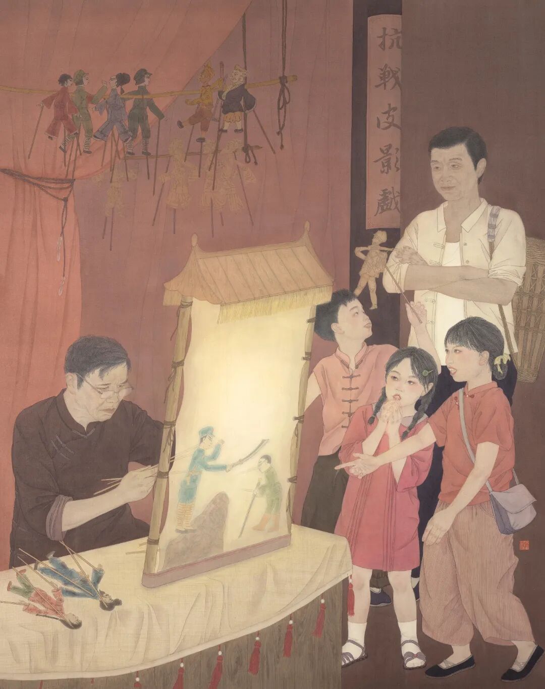 十四艺节 | 重庆61件作品入选全国三大展览 龙锐《抗战皮影戏》146x115.5cm 中国画 2025年.jpg