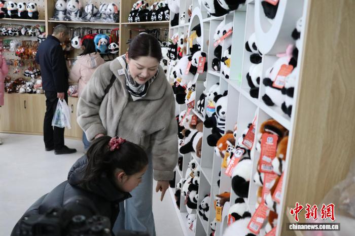 2月19日，游客在乌鲁木齐市水上乐园大熊猫馆内选购大熊猫玩偶。　苟继鹏 摄