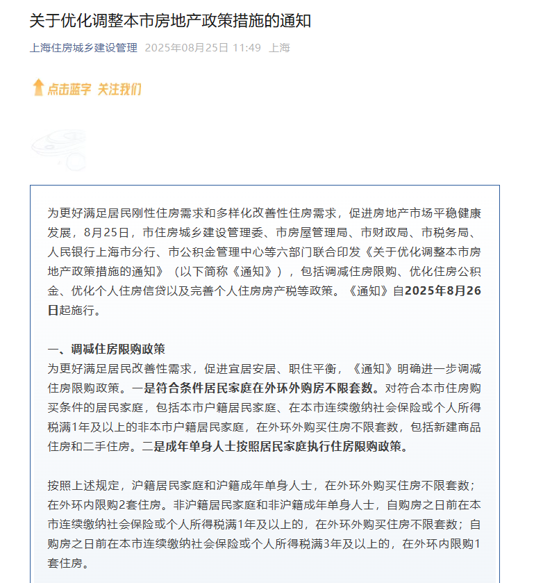 上海优化调整房地产政策：符合条件居民家庭在外环外购房不限套数