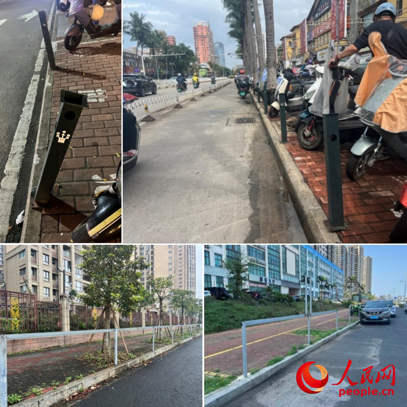 海口多个路段上的“烂尾”电动自行车共享充电桩（拼图）。人民网 符武平、李学山摄